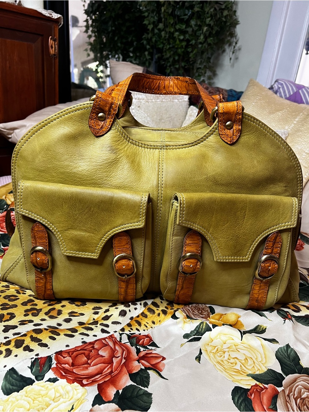 Old Gringo Large Olive Green Leather Satchel Croc Embossed Western Carryall Tote